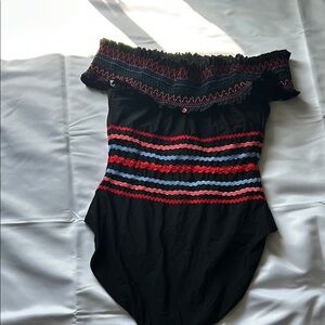 Red Carter Black and Red One Piece Swimsuit with Ruffled Off-Shoulder Design